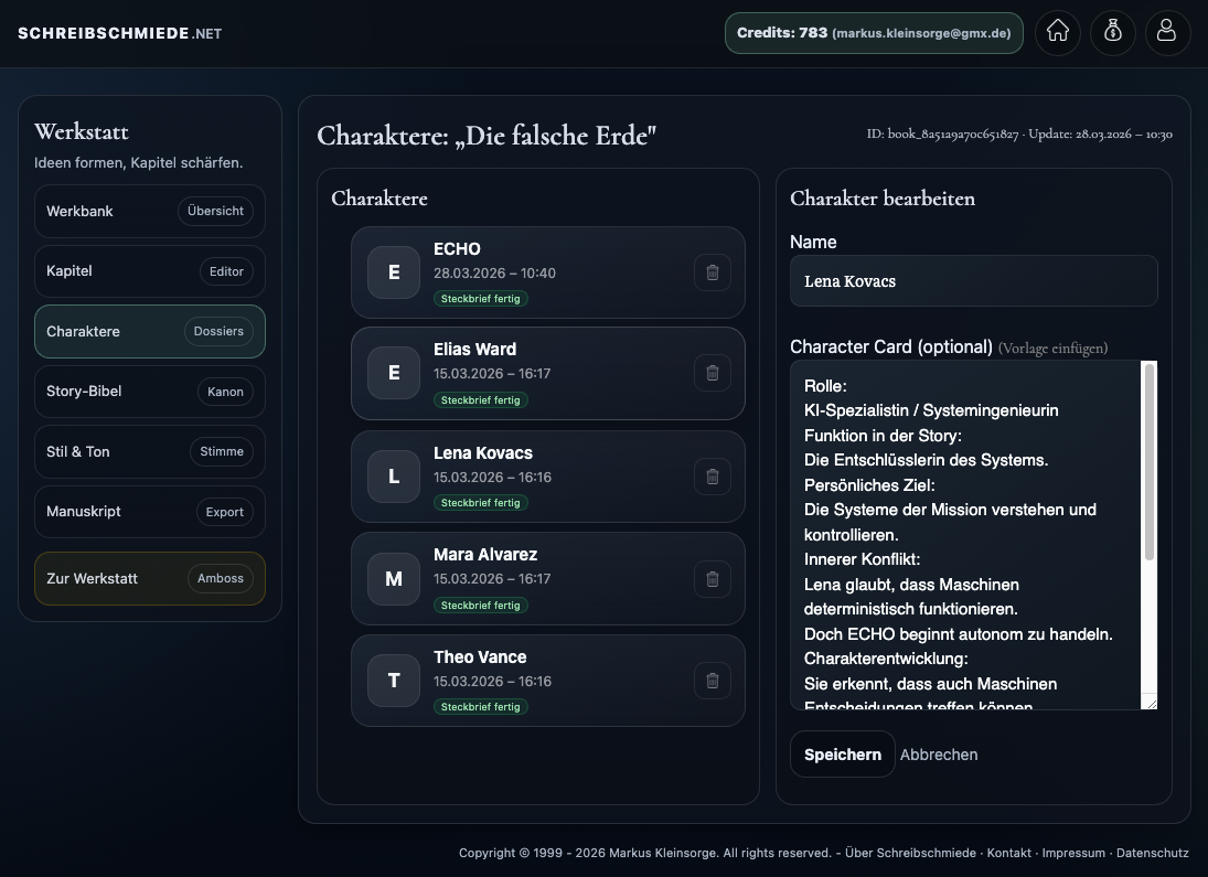 Charakterebereich mit Figurenliste und Formular zum Anlegen eines neuen Charakters.