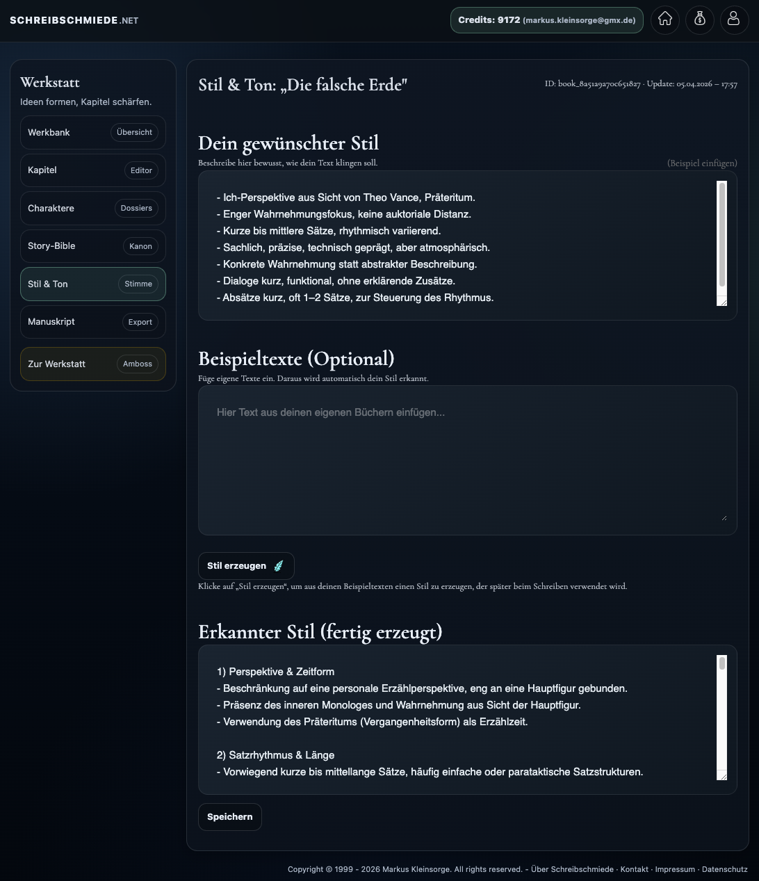 Bereich Stil und Ton mit Style Guide, Stilbeispielen und extrahiertem Stilprofil.