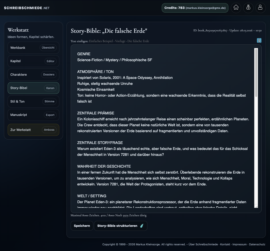 Bereich Story-Bibel mit großem Texteingabefeld für Projekthintergründe und Weltbeschreibung.